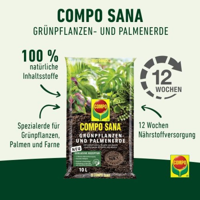 COMPO SANA Blumenerde für Grünpflanzen und Palmen, 12 Wochen Nährstoffversorgung, 10 Liter, 11431