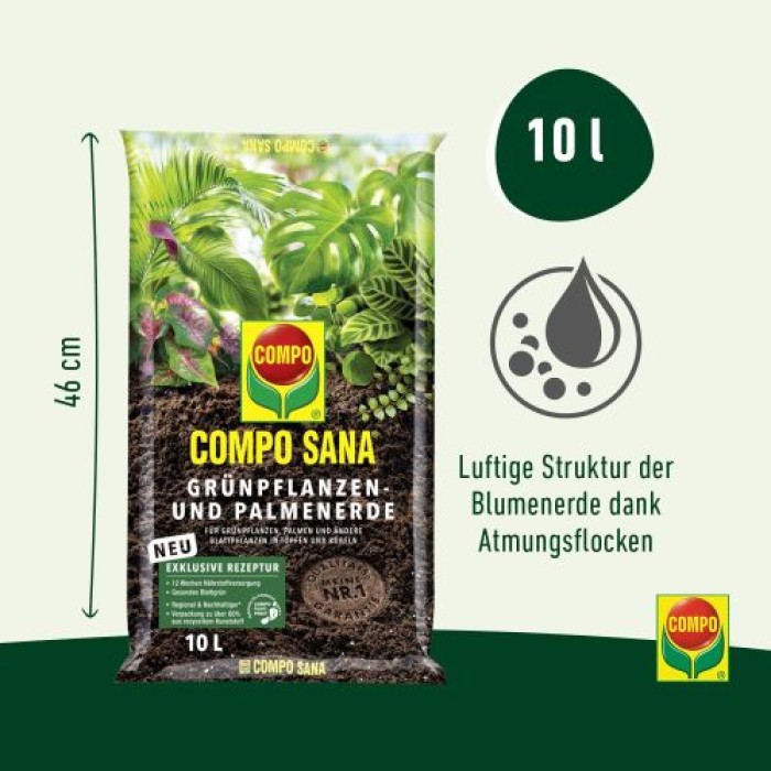 COMPO SANA Blumenerde für Grünpflanzen und Palmen, 12 Wochen Nährstoffversorgung, 10 Liter, 11431