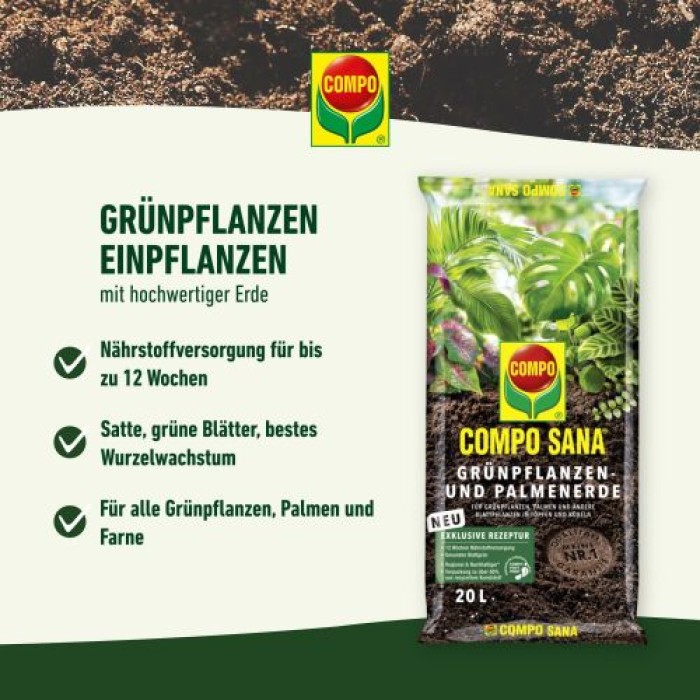 COMPO SANA Blumenerde für Grünpflanzen und Palmen, 12 Wochen Nährstoffversorgung, 10 Liter, 11431