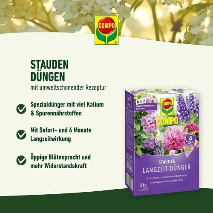 COMPO Stauden Langzeit-Dünger für Stauden und Blütensträucher, umweltschonend, 6 Monate Langzeitwirkung, 2 kg, 46 m², 23791