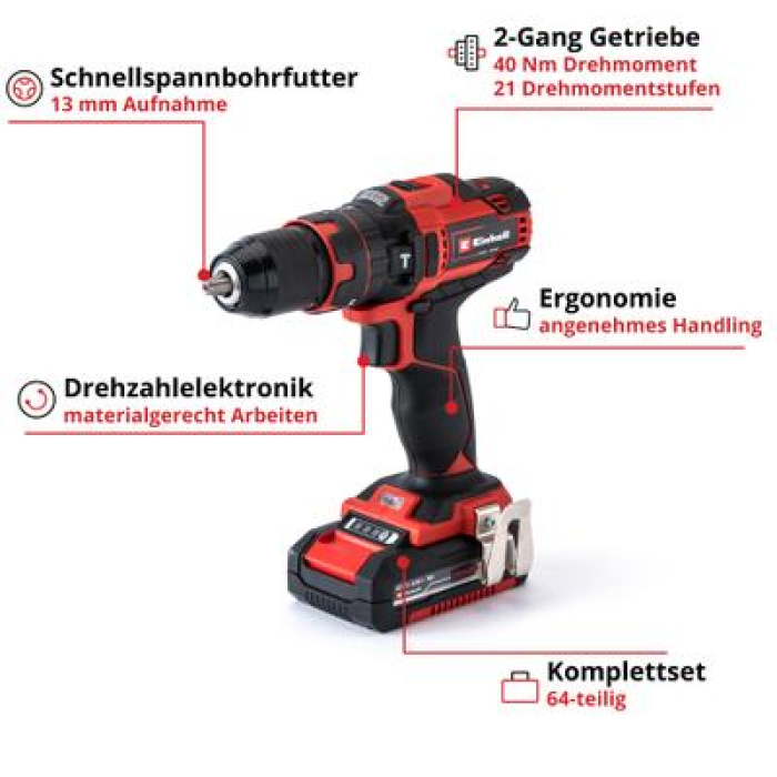 Einhell Akku-Schlagbohrschrauber TE-CD 18/40 Li-i +64 (2x2,0Ah) 4513992