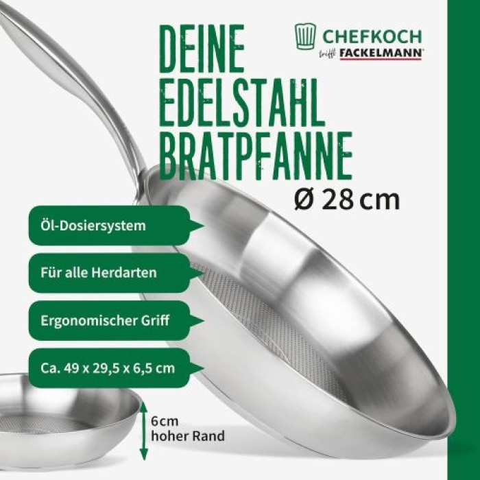 Fackelmann Chefkoch Edelstahlpfanne Ø28 cm – aus 18/10 Edelstahl, spezieller Wabenboden, 23380