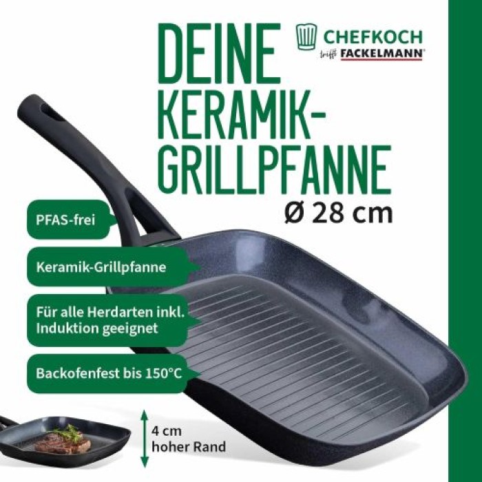 Fackelmann Chefkoch Keramik-Grillpfanne Hamburg, Hochwertige 28 cm Antihaft-Pfanne aus recyceltem Aluminium, 23721