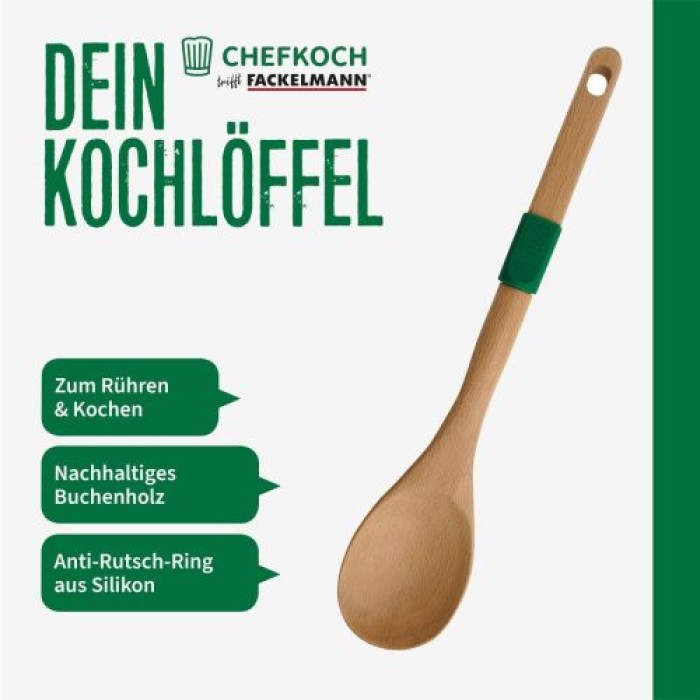 Fackelmann Chefkoch Kochlöffel aus nachhaltigem Buchenholz, mit Anti-Rutsch-Ring, 31,6 x 6,2 cm, 31164