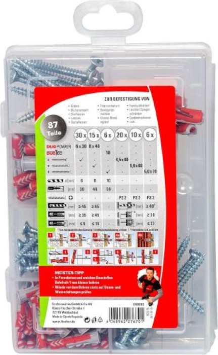 Fischer Meister-Box DuoPower-DuoTec, Werkzeugkiste mit 87 Dübeln und Schrauben, 540093