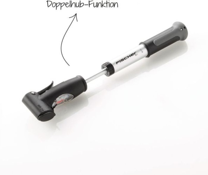 FISCHER Mini-Luftpumpe mit Manometer, Doppelhub-Technik, für alle Ventile (AV, DV, SV), aus Aluminium, 85573