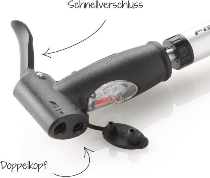 FISCHER Mini-Luftpumpe mit Manometer, Doppelhub-Technik, für alle Ventile (AV, DV, SV), aus Aluminium, 85573