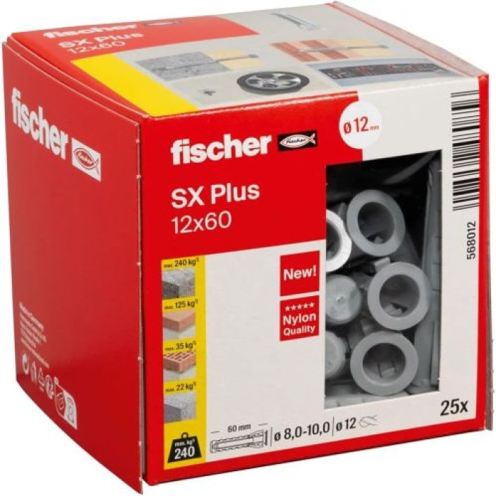 Fischer Spreizdübel SX Plus 12 x 60, Schachtel mit 25 Nylondübeln, 568012
