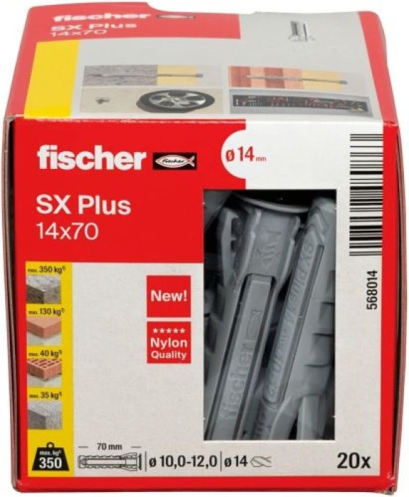 Fischer Spreizdübel SX Plus 14 x 70, Schachtel mit 20 Nylondübeln, 568014