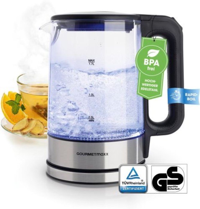 GOURMETmaxx Glas-Wasserkocher 1,7 Liter mit integrierter Beleuchtung, Edelstahl / Glas, 12053