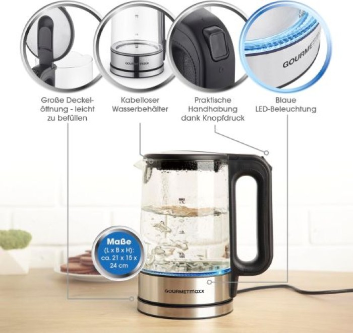 GOURMETmaxx Glas-Wasserkocher 1,7 Liter mit integrierter Beleuchtung, Edelstahl / Glas, 12053