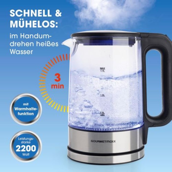 GOURMETmaxx Glas-Wasserkocher 1,7 Liter mit integrierter Beleuchtung, Edelstahl / Glas, 12053