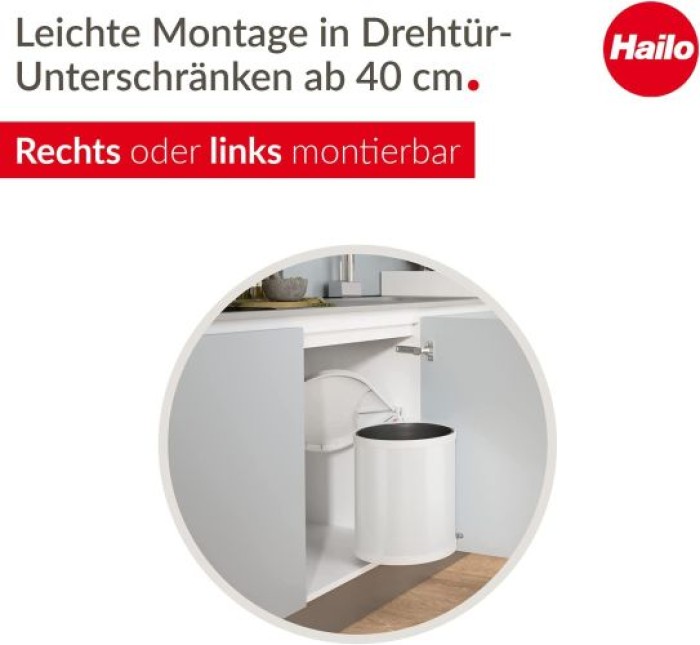 Hailo Compact-Box M Einbau Mülleimer, 15 Liter, für Schranktüren ab 40 cm Breite, weiß, 3555-001