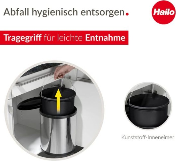 Hailo Compact-Box M Einbau Mülleimer, 15 Liter, für Schranktüren ab 40cm Breite, Edelstahl, 3555-101