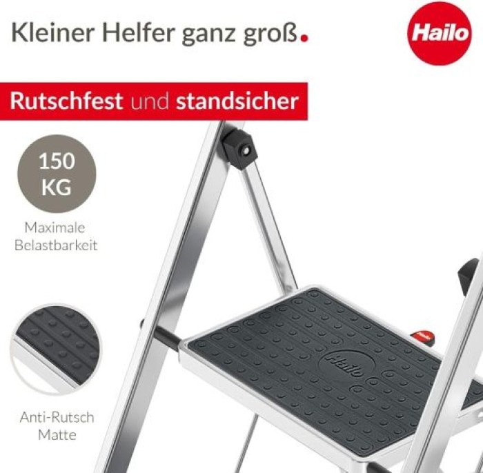 Hailo K70 StandardLine Alu-Klapptritt-Leiter, 2 große Stahl-Stufen mit Anti-Rutsch-Matten, bis 150 kg, 4392-801