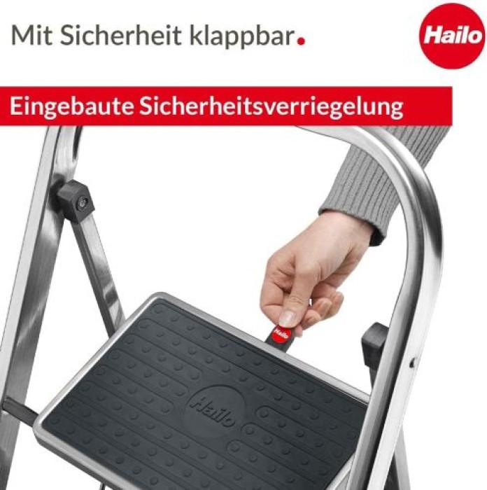 Hailo K70 StandardLine Alu-Klapptritt-Leiter, 2 große Stahl-Stufen mit Anti-Rutsch-Matten, bis 150 kg, 4392-801
