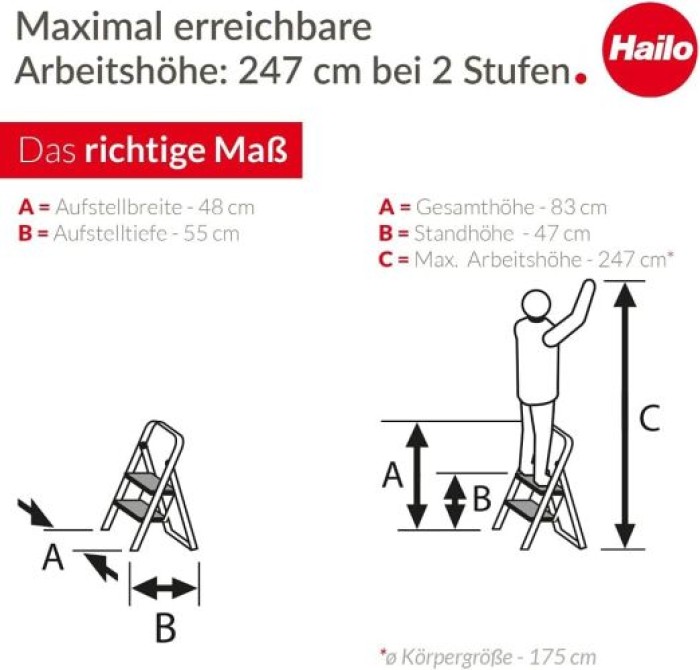Hailo K70 StandardLine Alu-Klapptritt-Leiter, 2 große Stahl-Stufen mit Anti-Rutsch-Matten, bis 150 kg, 4392-801