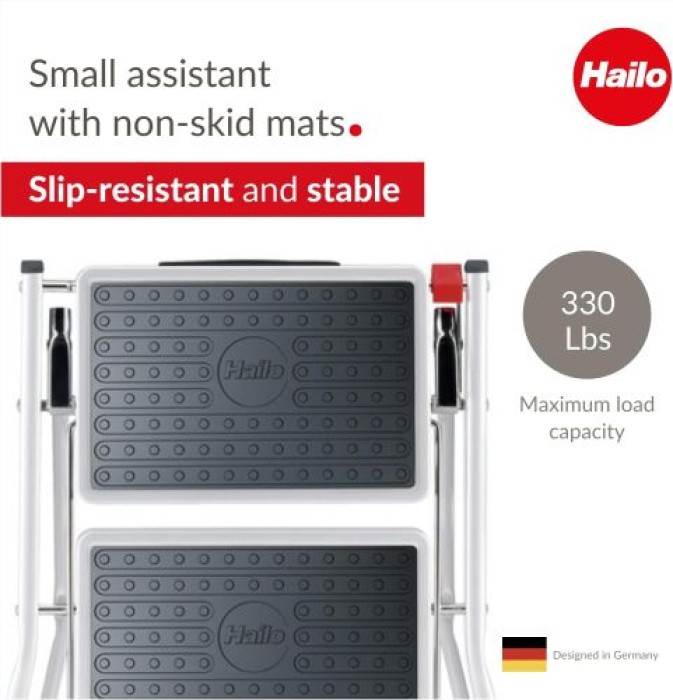Hailo MK60 Mini Stahl-Trittleiter | 2 große Stufen mit Anti-Rutsch-Matten bis 150kg, 4310001
