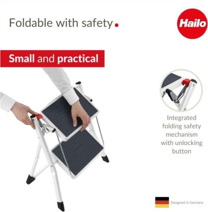 Hailo MK60 Mini Stahl-Trittleiter | 2 große Stufen mit Anti-Rutsch-Matten bis 150kg, 4310001