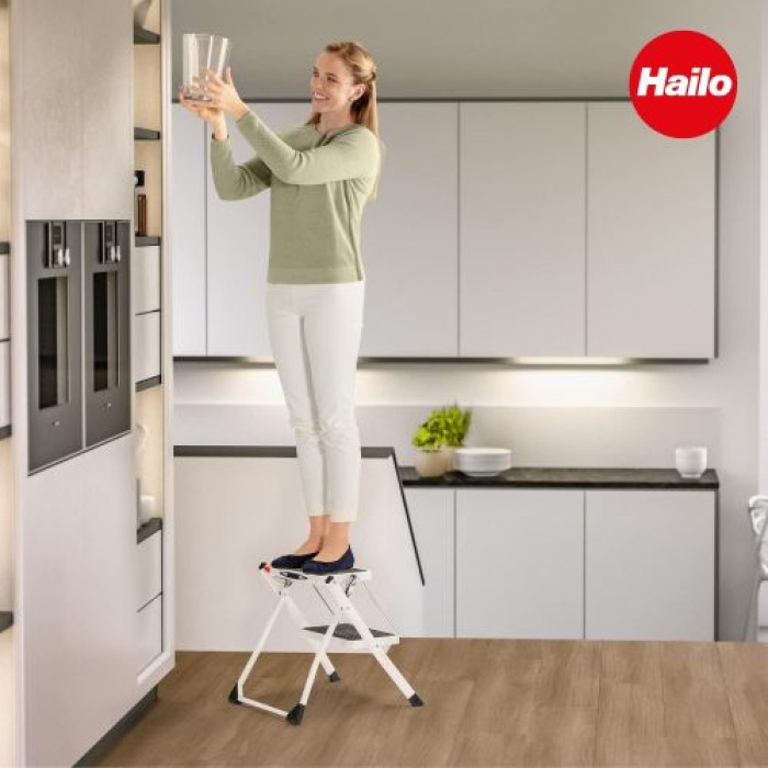 Hailo MK60 Mini Stahl-Trittleiter | 2 große Stufen mit Anti-Rutsch-Matten bis 150kg, 4310001