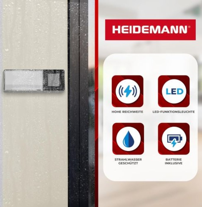 Heidemann Funkgong Set HX Flashlight (anthrazit, max. Reichweite 200 m, Lautstärke 4-stufig einstellbar bis 90 dB 8 Melodien einstellbar, Klingel, inkl. Sender + Empfänger, Türklingel) 70825 Anthrazit Funkgong Set HX Flashlight 70825