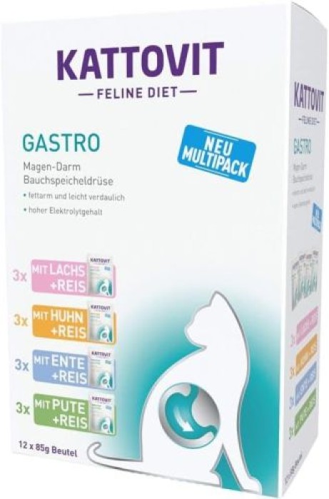 Kattovit Gastro Multipack, bei Problemen mit dem Magen-Darm-Trakt, mit 4 verschiedenen Sorten, 12 x 85 g, 420018