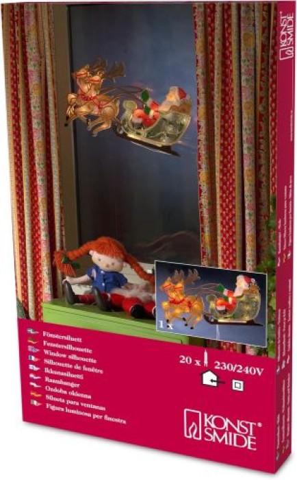 Konstsmide LED Fensterbild, Rentier mit Weihnachtsmann, 20 warm weiße Dioden, 230V, 2853-010