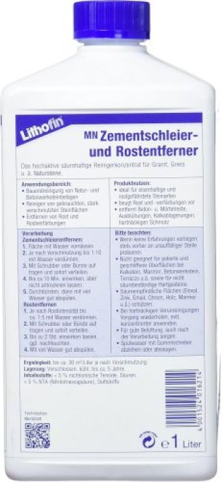 Lithofin MN Zementschleier- und Rostentferner, Reiniger für säurefeste Natursteine, 1 Liter, 162-11