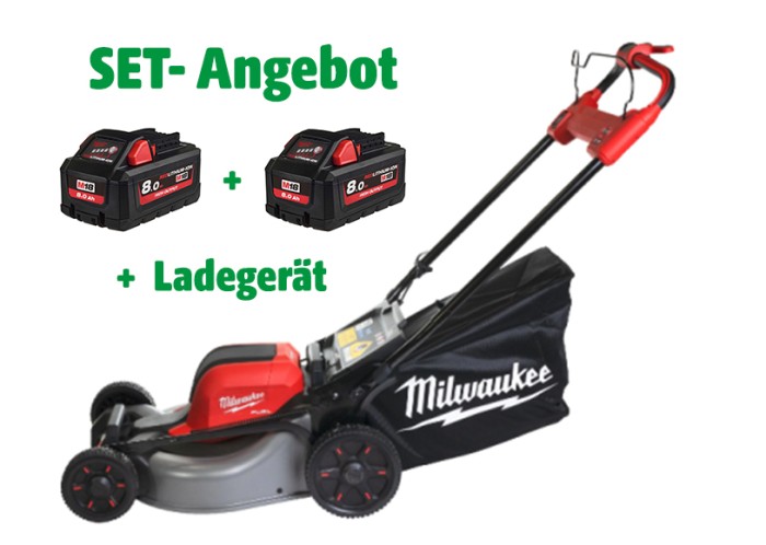 Milwaukee 18V Akku Rasenmäher M18F2LM46-0, bis zu 1600m2, 3-in 1 Funktion, 4933492010 SET inkl. 2 x M18 HB8 Akkus + Ladegerät