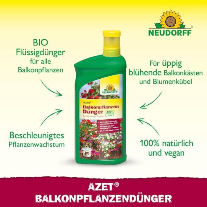 Neudorff Azet BalkonpflanzenDünger – 100% natürlicher Bio Dünger für üppig blühende Balkonkästen und Kübel und reiche Ernte aller Balkonpflanzen, 1 Liter 1420