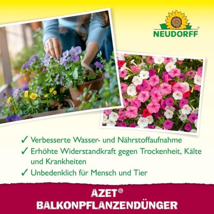 Neudorff Azet BalkonpflanzenDünger – 100% natürlicher Bio Dünger für üppig blühende Balkonkästen und Kübel und reiche Ernte aller Balkonpflanzen, 1 Liter 1420