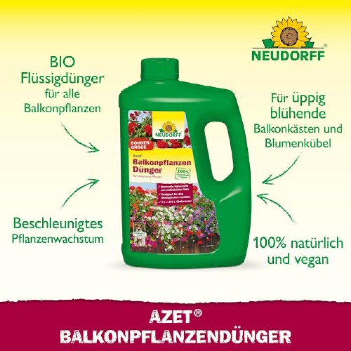 Neudorff Azet BalkonpflanzenDünger – 100% natürlicher Bio Dünger für üppig blühende Balkonkästen und Kübel und reiche Ernte aller Balkonpflanzen, 2 Liter 1434