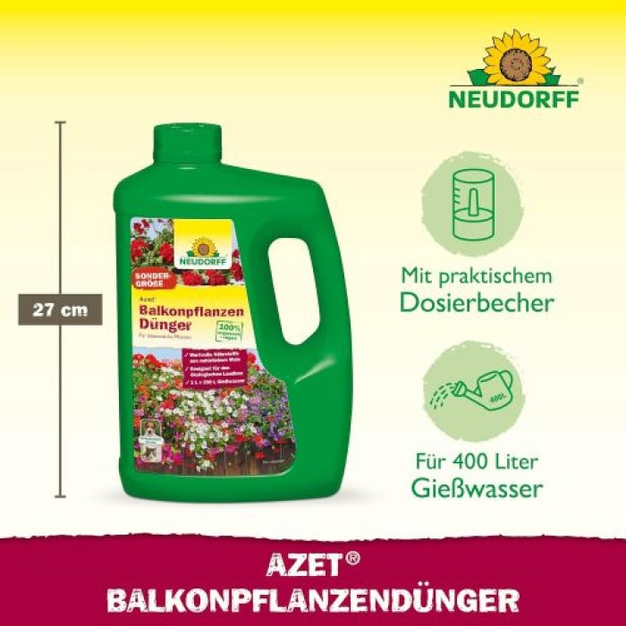 Neudorff Azet BalkonpflanzenDünger – 100% natürlicher Bio Dünger für üppig blühende Balkonkästen und Kübel und reiche Ernte aller Balkonpflanzen, 2 Liter 1434
