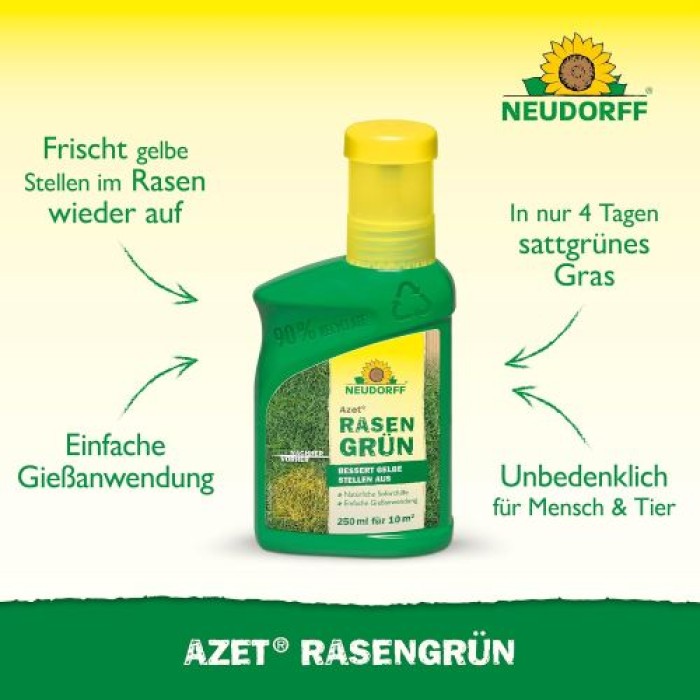 Neudorff Azet Rasengrün – Frischt gelblich verfärbte Stellen im Rasen sattgrün auf, 250 ml 1397