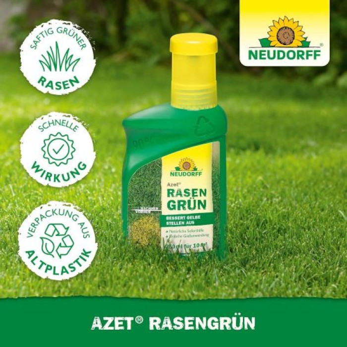 Neudorff Azet Rasengrün – Frischt gelblich verfärbte Stellen im Rasen sattgrün auf, 250 ml 1397