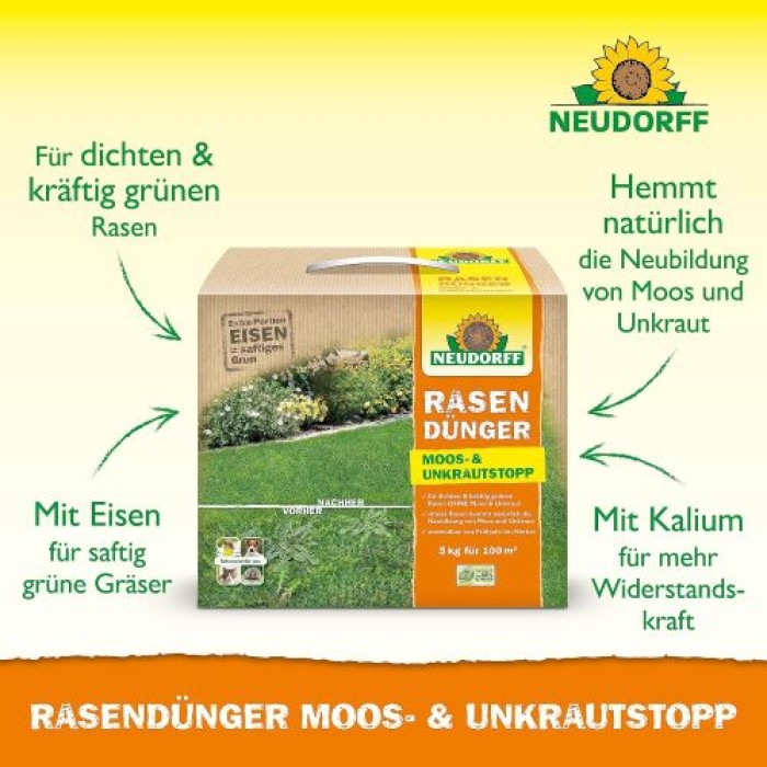 Neudorff RasenDünger Moos- & UnkrautStopp 5 Kg für 100m², organisch-mineralischer Dünger mit Eisen und Kalium, 1295