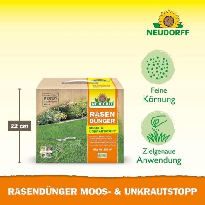 Neudorff RasenDünger Moos- & UnkrautStopp 5 Kg für 100m², organisch-mineralischer Dünger mit Eisen und Kalium, 1295