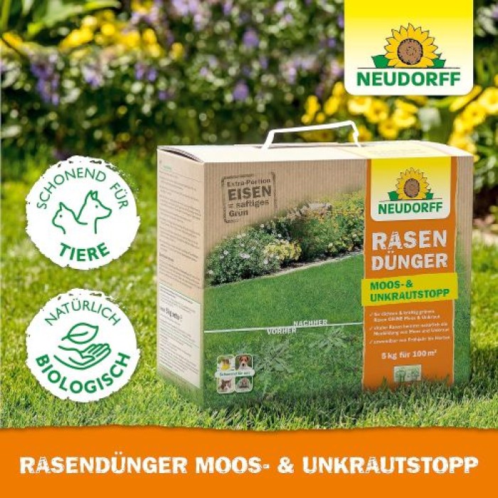 Neudorff RasenDünger Moos- & UnkrautStopp 5 Kg für 100m², organisch-mineralischer Dünger mit Eisen und Kalium, 1295