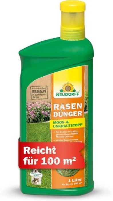 Neudorff RasenDünger Moos- & UnkrautStopp – Rasendünger mit Eisen und Kalium, sorgt für grünen Rasen, 1 Liter für 100 m² 1281