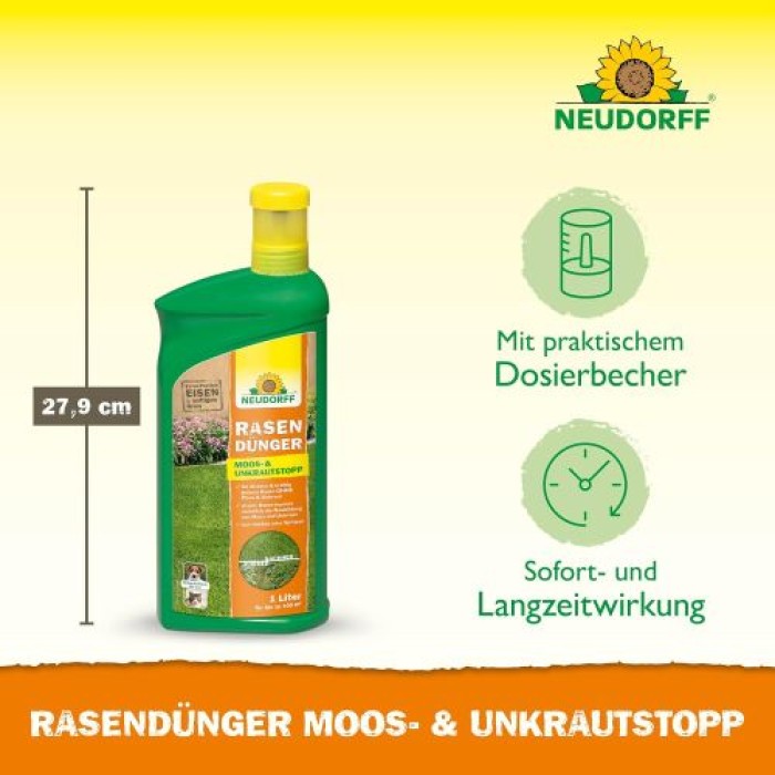 Neudorff RasenDünger Moos- & UnkrautStopp – Rasendünger mit Eisen und Kalium, sorgt für grünen Rasen, 1 Liter für 100 m² 1281