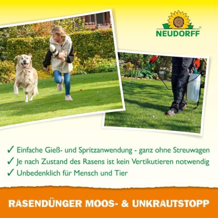 Neudorff RasenDünger Moos- & UnkrautStopp – Rasendünger mit Eisen und Kalium, sorgt für grünen Rasen, 1 Liter für 100 m² 1281