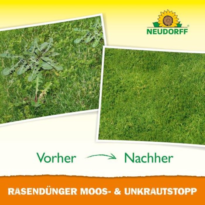 Neudorff RasenDünger Moos- & UnkrautStopp – Rasendünger mit Eisen und Kalium, sorgt für grünen Rasen, 1 Liter für 100 m² 1281
