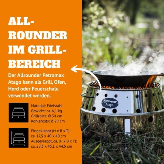 Petromax Atago Grill, Tischgrill für den Einsatz beim Camping, Edelstahl, atago