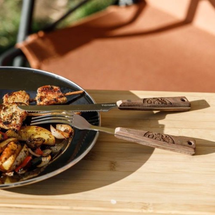 Petromax Campingbesteck - Messer, Gabel, Esslöffel, Teelöffel und Snack-Gabel - 5-teiliges Camping-Besteckset, cutlery1