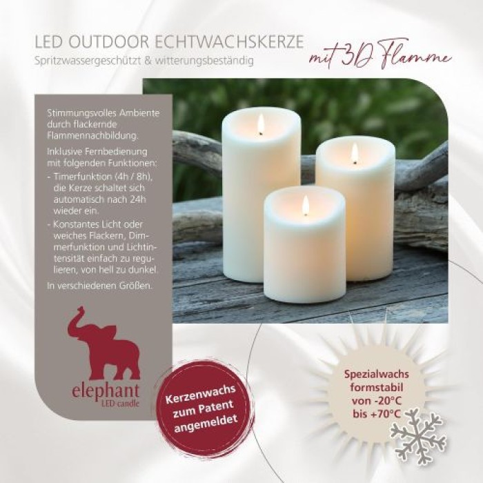 Schlaraffenland Elephant LED Outdoor Kerze, 10x20 cm, Creme Echtwachs, 10730