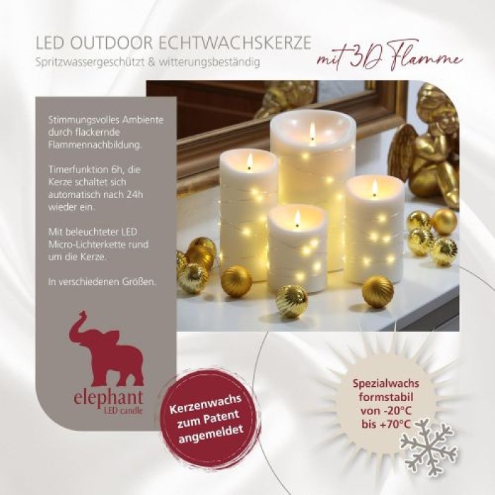 Schlaraffenland Elephant LED Outdoor Kerze CORRO, 10x12 cm, creme/Echtwachs, 11205