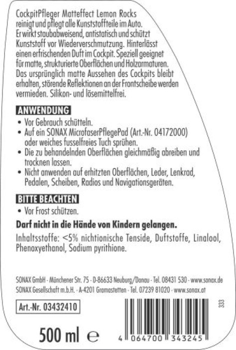 SONAX CockpitPfleger Matteffect Lemon Rocks, 500 ml, 03432410