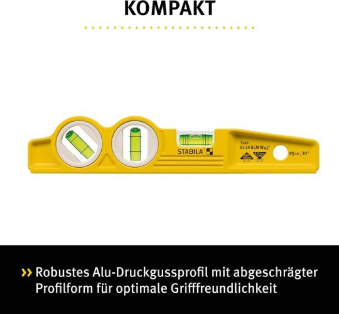 STABILA Magnet-Wasserwaage 25 cm, Torpedo-Wasserwaage Typ 81 SV REM W45, 16672