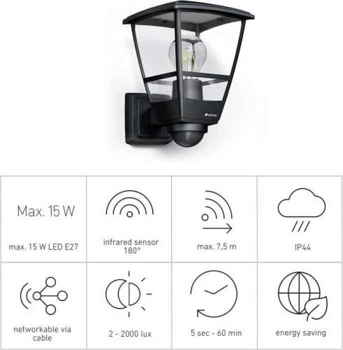 Steinel Semsor Außenwandleuchte L 10 S, Schwarz, 180° Bewegungsmelder, 084769