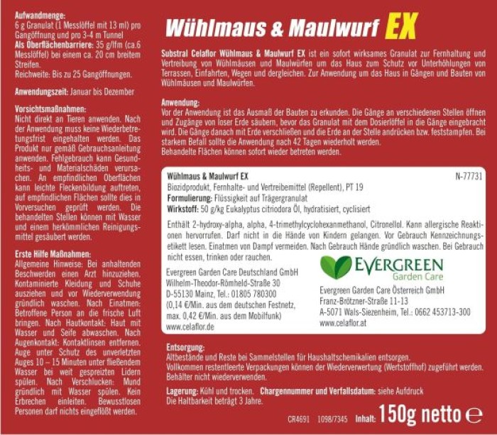 Substral Celaflor Wühlmaus & Maulwurf Ex, vertreibt Wühlmäuse und Maulwürfe mit Sofortwirkung, ohne Gift, 150g, 7345